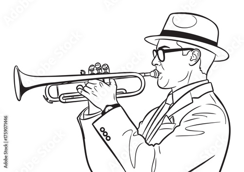 Black outline vector of an adult male in a suit and hat, playing the trumpet with concentration and poise.