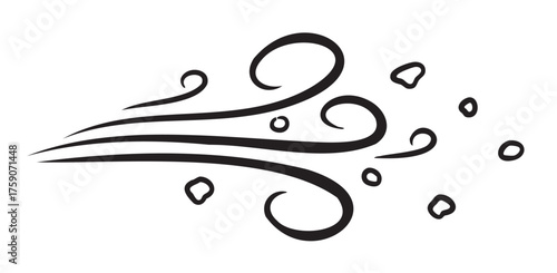 Black outline abstract design representing a gust of wind with flowing curves and scattered small stones, symbolizing movement and nature.