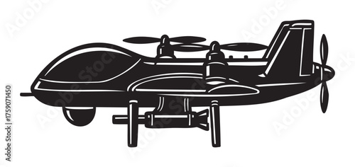 Black outline icon of a drone with four propellers and a camera, designed for aerial photography and videography.