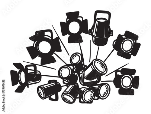 Black and white silhouette of various stage lights with barn doors arranged in a dynamic pattern, symbolizing theatrical equipment and lighting design.