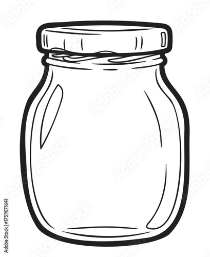 Black outline drawing of a transparent glass jar with a screw-on lid. simplistic design highlighting the jar's smooth contours and cylindrical shape.