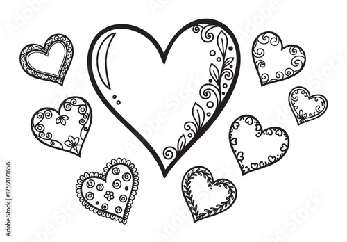 Intricate black and white doodle designs of various hearts with floral patterns and decorative details.