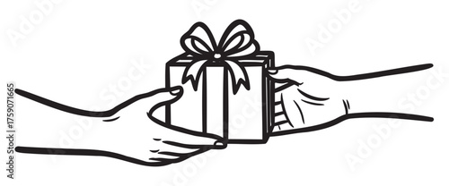 Black outline drawing of one hand offering a gift box with a ribbon to another hand, symbolizing the act of giving or receiving.