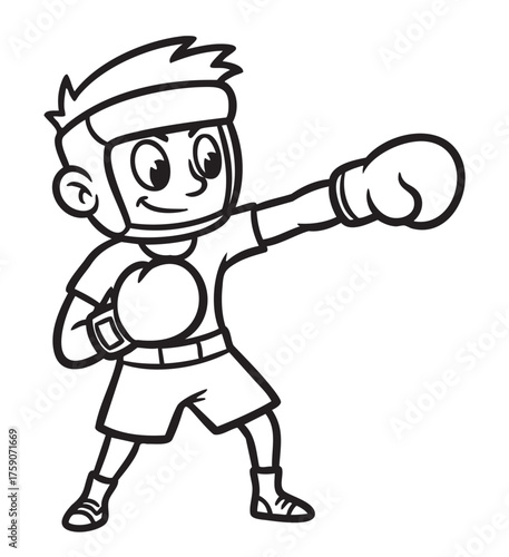 Black outline drawing of a cartoon child boxer, wearing a helmet and gloves, in a boxing stance with an outstretched arm.