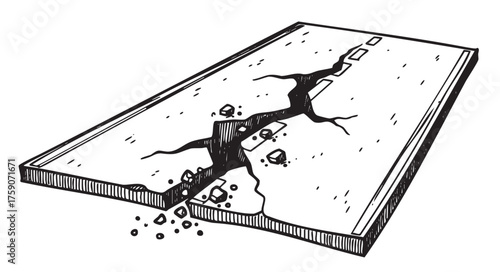 Black outline vector drawing of a cracked road surface with scattered debris, illustrating structural damage and deterioration.