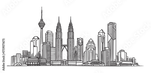 Black and white detailed sketch of a modern city skyline featuring iconic skyscrapers and towers. minimalist architectural representation of an urban landscape.