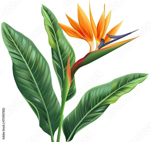 Bird of Paradise Flower illustration with leaves, isolated, on white. Illustration