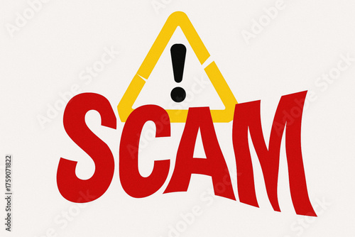 Scam alert icon with bold red text and broken warning triangle