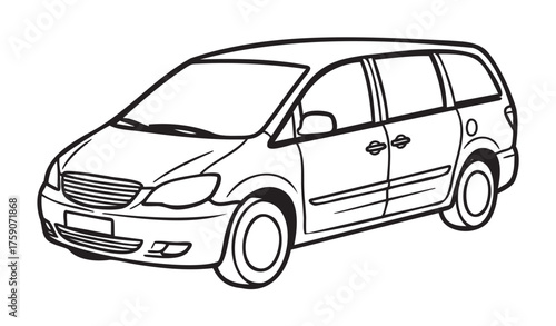 Black and white outline drawing of a minivan viewed from the front side, showcasing detailed features like windows, doors, and wheels.
