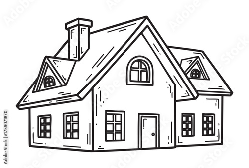 Black and white outline drawing of a simple two-story house with multiple windows and a chimney, featuring a triangular roof design.
