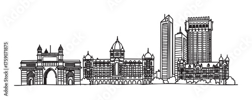 Black outline vector illustration of iconic mumbai skyline featuring the gateway of india, taj mahal palace, and modern skyscrapers in detailed linear style.