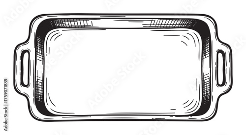 Black outline image of a rectangular baking tray with side handles viewed from above, featuring detailed shading and texture.