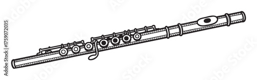 Simplified black and white line drawing of a concert flute showing keys and embouchure hole for musical instruction.