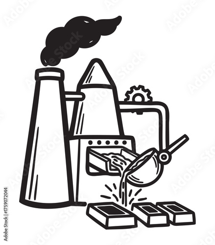 Black outline drawing of an industrial furnace with a pouring ladle casting metal ingots, featuring a smokestack emitting smoke.