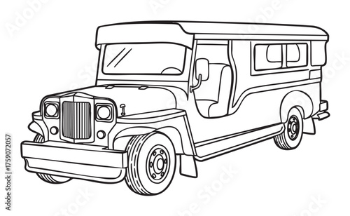 Black outline of a vintage-style jeepney with detailed features and open passenger cabin, showcasing classic design elements.