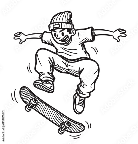 Black and white illustration of a young male performing a skating trick while mid-air, wearing a beanie and casual clothing.
