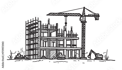 Black outline drawing of a construction site featuring a multi-story building frame, a large crane, and construction vehicles in a detailed sketch style.