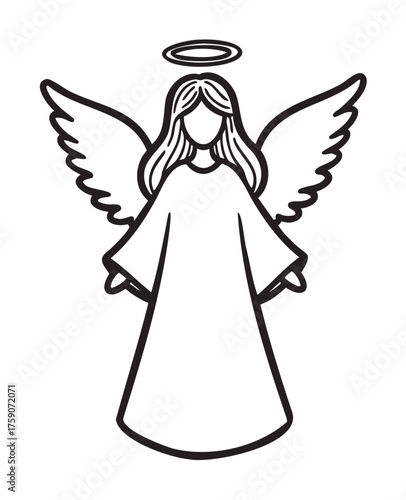 Black outline icon of a simple angel with a halo and wings, clad in a flowing robe, symbolizing purity and protection.