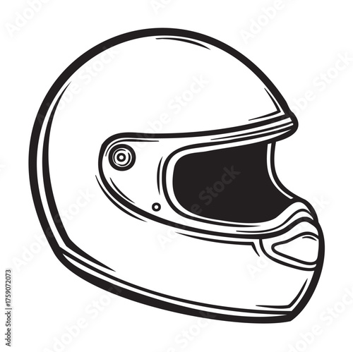 Black outline drawing of a full-face motorcycle helmet with detailed contour lines and shaded visor, conveying a sense of safety and adventure.