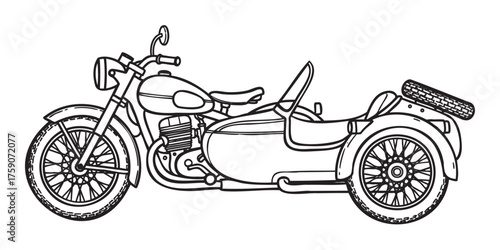 Black outline drawing of a vintage motorcycle with sidecar, highlighting the detailed wheels and handlebars.