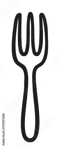 Black outline of a simple fork with three tines, featuring a curved handle, creating a minimalist design.