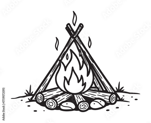 Black outline drawing of a campfire with logs arranged in a teepee style, flames rising from the center, and surrounded by small rocks.