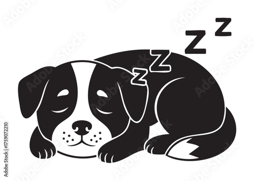 Black and white illustration of a sleeping puppy with closed eyes and a relaxed expression, accompanied by 'z' symbols indicating sleep.