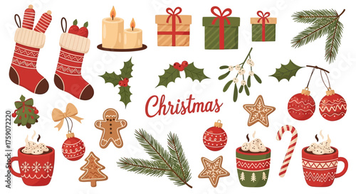 Festive Christmas illustration with stockings, gifts, candles, and treats.