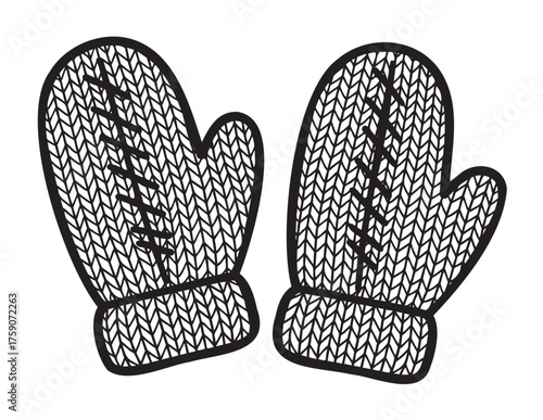 Black outline vector icon of a pair of simple knitted mittens with detailed patterns, ideal for winter and cold weather themes.