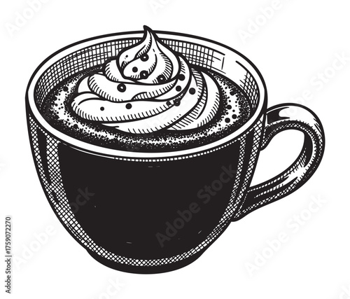 Black and white sketch of a coffee cup filled with whipped cream, showcasing detailed hatching and stippling techniques.