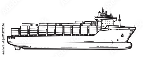 Hand-drawn black and white illustration of a cargo ship loaded with shipping containers, showing intricate details of the ship's structure.