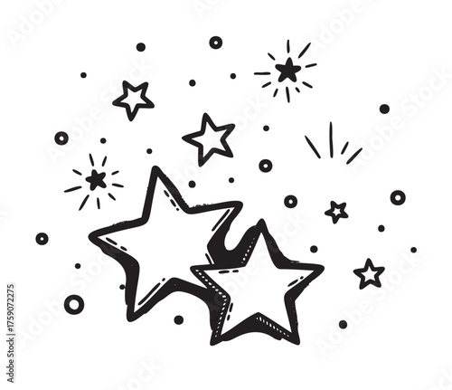 Simple black outline drawing of various star shapes surrounded by different sized dots and sparkles.