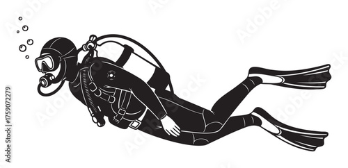 Black outline vector icon of a scuba diver in full gear, including flippers, oxygen tank, and mask, swimming underwater.