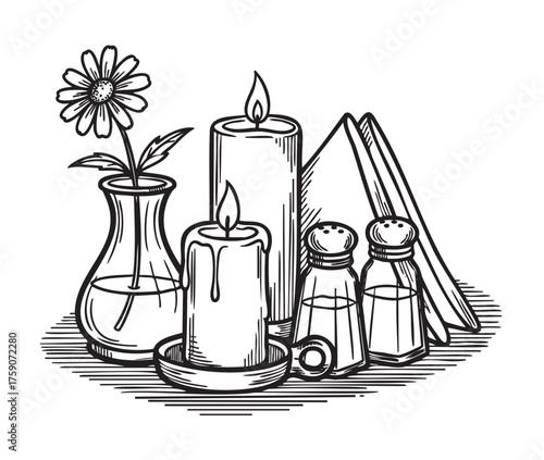 Black outline vector depicting a collection of objects including lit candles, a flower in a vase, books, and salt and pepper shakers.