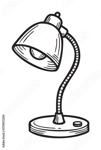 Black and white sketch of a classic desk lamp with a flexible neck, featuring a round base and a cone-shaped shade.