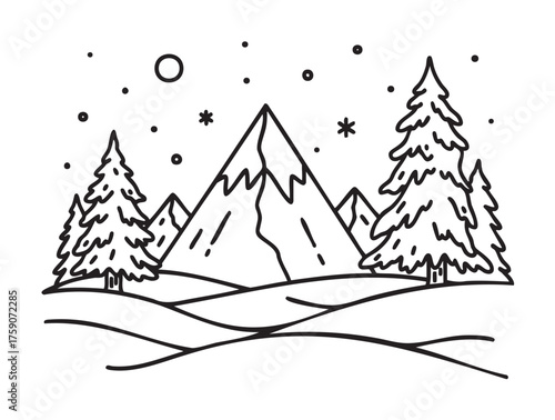 Black outline drawing of a snow-covered mountain landscape with pine trees and snowflakes under a night sky.