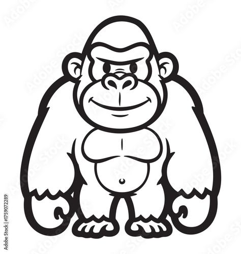 Black outline drawing of a cartoon gorilla standing with a wide grin, showcasing its muscular build and friendly expression.