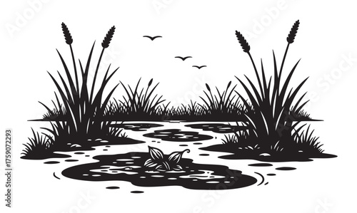 Black silhouette illustration of a wetland with tall grasses and flying birds against a clear sky, highlighting tranquil natural scenery.