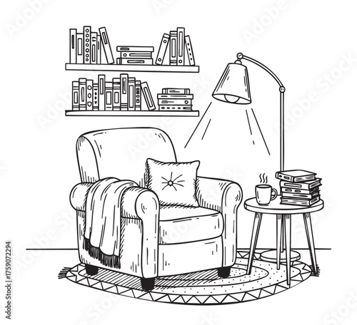 Monochrome sketch of a cozy reading nook with an armchair, books on shelves, a floor lamp, and a side table with a cup and stacked books.