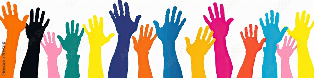 Fototapeta premium Diverse hands raised high on white backdrop used for vote, volunteering, support