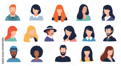 A diverse collection of stylized avatar icons representing people with varied hairstyles and clothing styles.