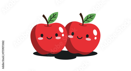 Two cute cartoon red apples with happy smiling faces and green leaves on a white background.