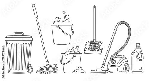 Collection of cleaning supplies and tools including a mop a vacuum cleaner a dustpan and brushes and buckets of suds and dirt.