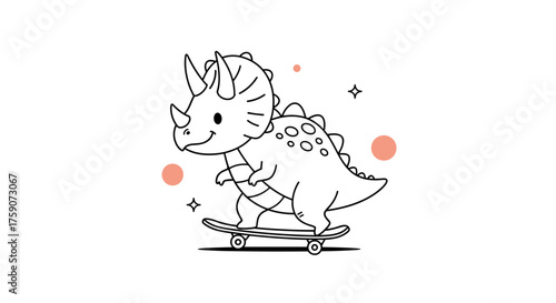 A cute cartoon triceratops dinosaur happily skateboarding with a big smile and rosy cheeks.