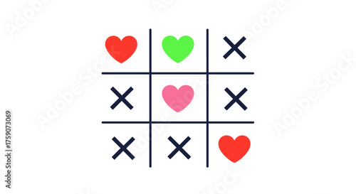A cute tic tac toe game with colorful hearts and x symbols winning.
