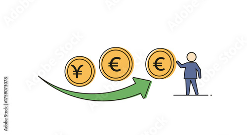 Financial growth and investment strategy visualization with currency symbols and businessman.