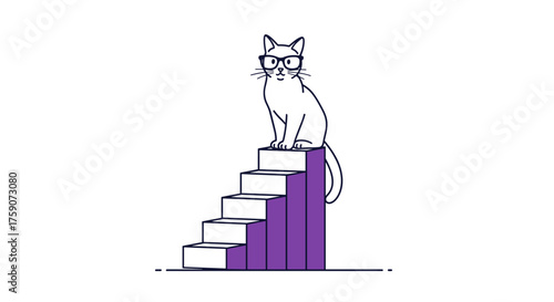 A clever cat wearing glasses sits at the top of a rising bar graph representing growth and success.