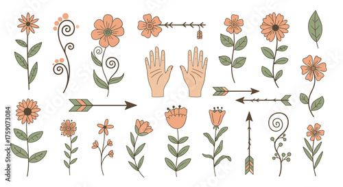 A collection of hand-drawn floral elements and arrows in a rustic bohemian style.