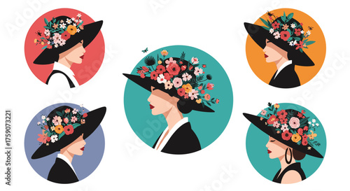 Elegant women wearing wide brimmed hats adorned with vibrant floral arrangements.