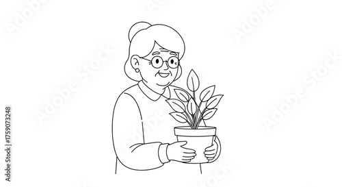 A kind elderly woman is happily holding a potted plant with green leaves.